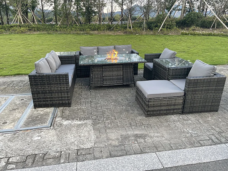 9 places Mobilier À Dîner De Jardin en rotin ave Table de foyer à gaz Canapé 2 Chaises 2 Table d'appoint Tabourets Mélange gris foncé