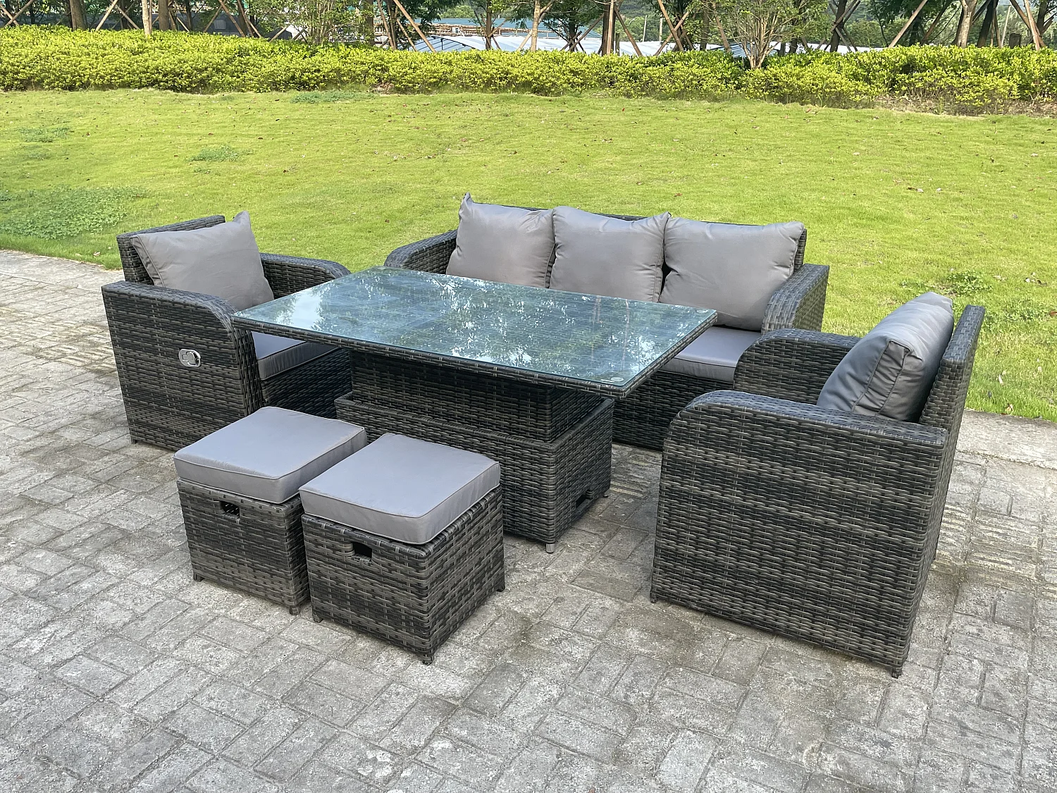 Fimous Dark Mixed Grey Rattan Outdoor Garden Furniture Lifting Adjustable Dining Or Coffee Table Sets Lounge Sofa Recling Chairs Footstools 7 Seater