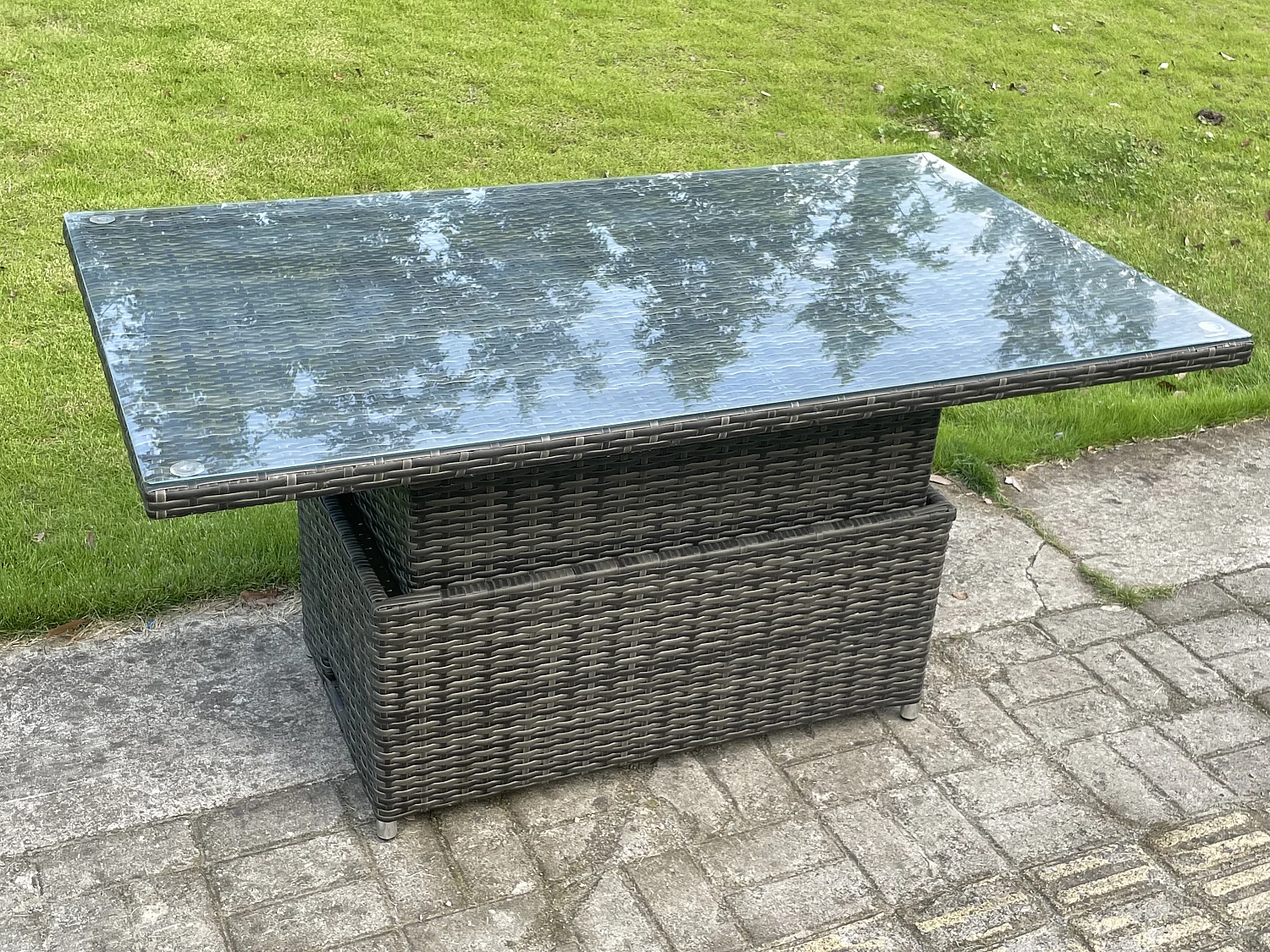 Fimous Dark Mixed Grey Rattan Outdoor Garden Furniture Lifting Adjustable Dining Or Coffee Table Sets Lounge Sofa Recling Chairs Footstools 7 Seater