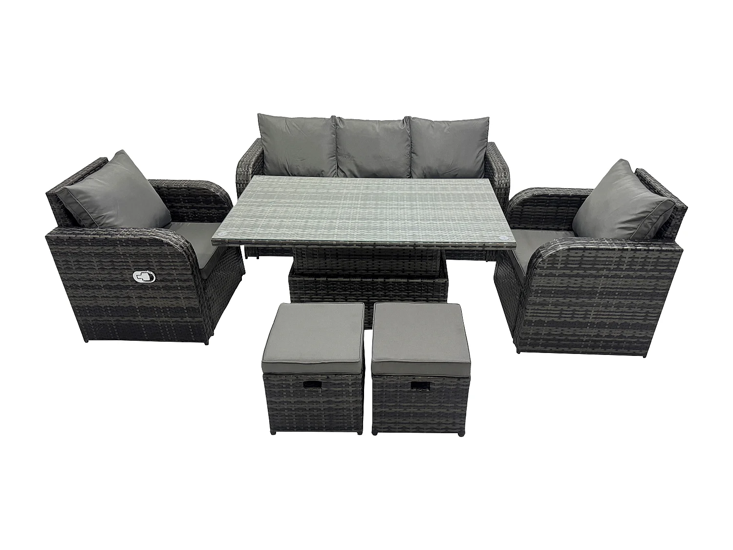 Fimous Dark Mixed Grey Rattan Outdoor Garden Furniture Lifting Adjustable Dining Or Coffee Table Sets Lounge Sofa Recling Chairs Footstools 7 Seater