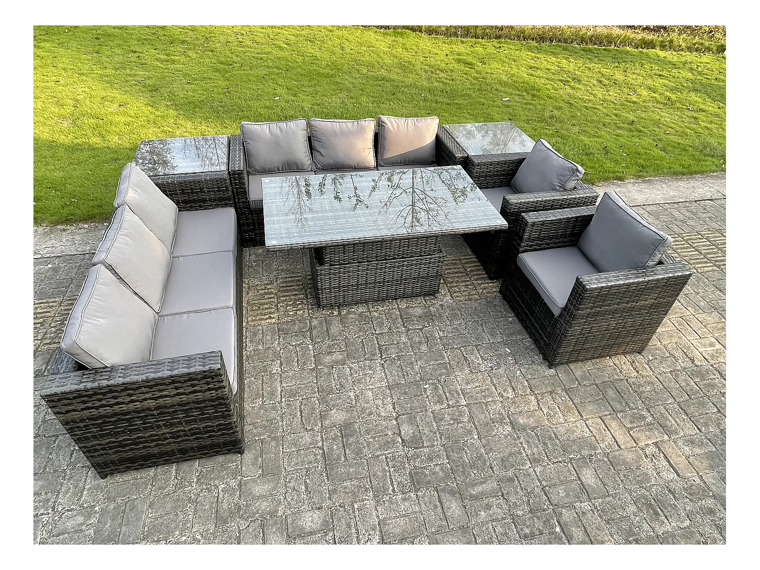 10 Places Ensemble de meubles de jardin en rotin ave Table à manger réglable en hauteur canapé Chaises 2 Table d'appoint Mélange gris foncé
