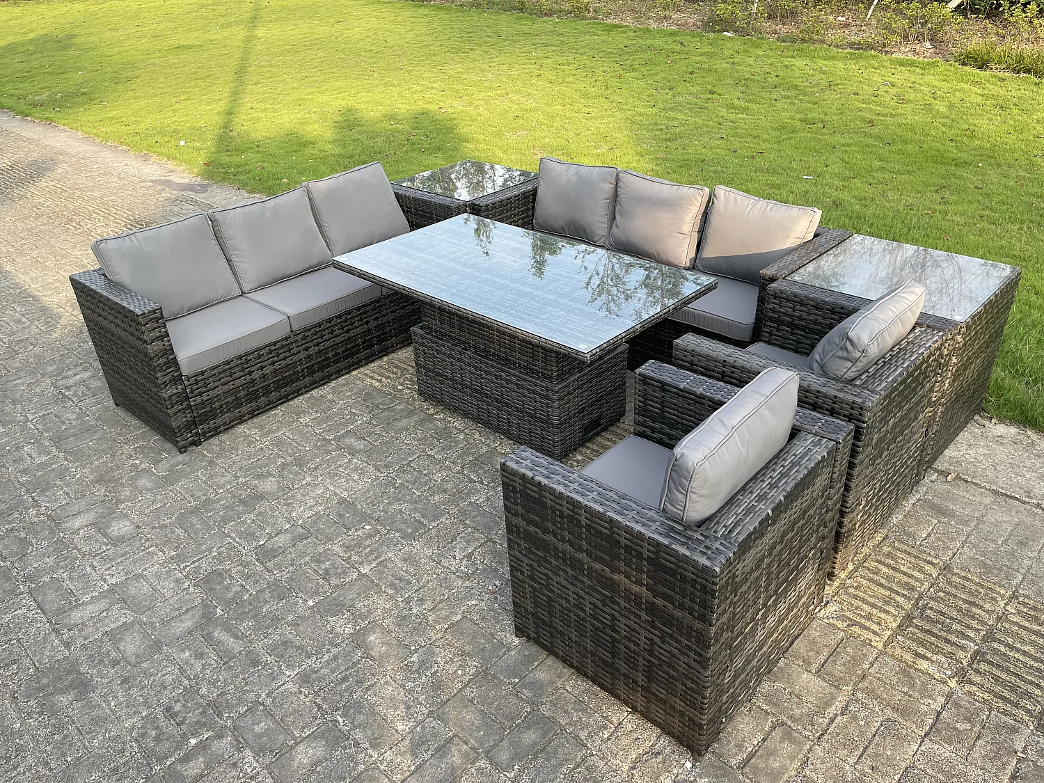 10 Places Ensemble de meubles de jardin en rotin ave Table à manger réglable en hauteur canapé Chaises 2 Table d'appoint Mélange gris foncé