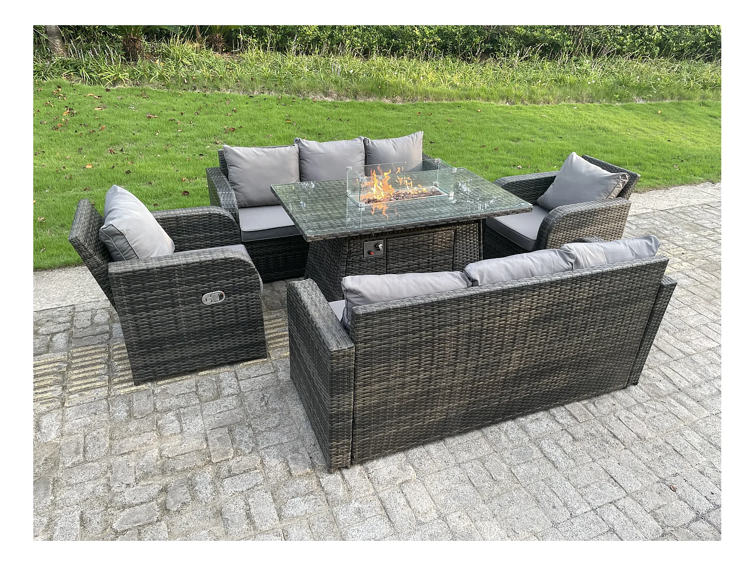 8 places Ensemble De Mobilier en rotin ave Canapé Chaises inclinable Table de foyer à gaz Mélange gris foncé