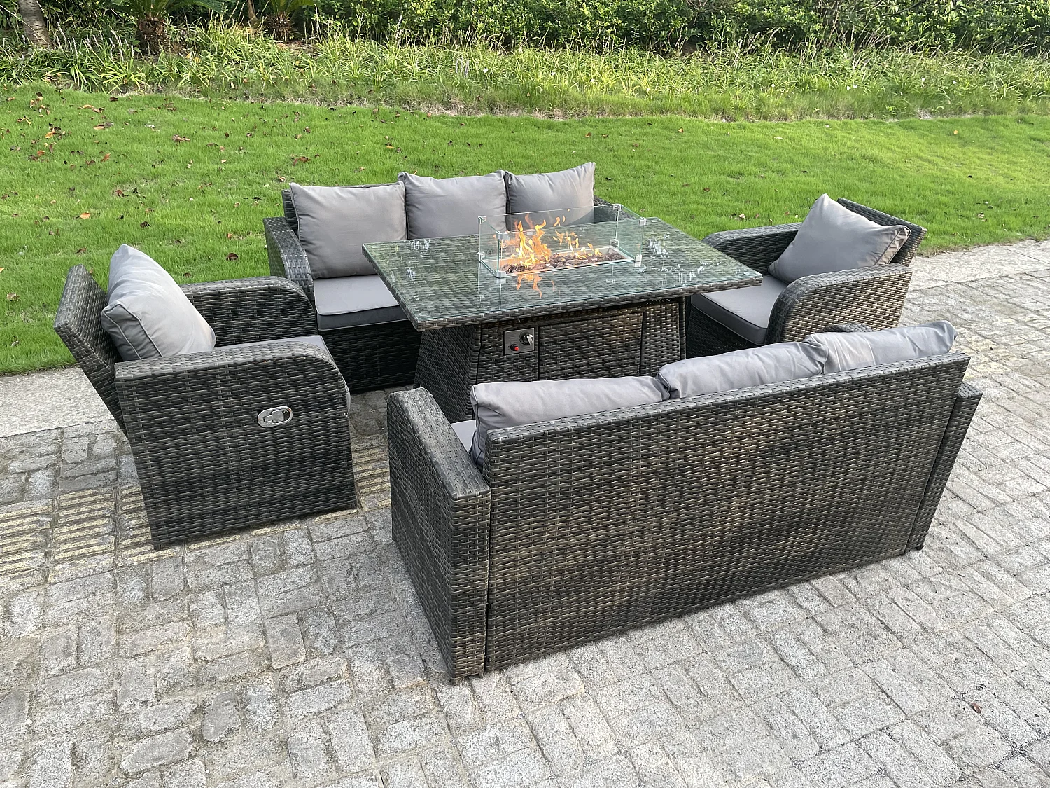 8 places Ensemble De Mobilier en rotin ave Canapé Chaises inclinable Table de foyer à gaz Mélange gris foncé