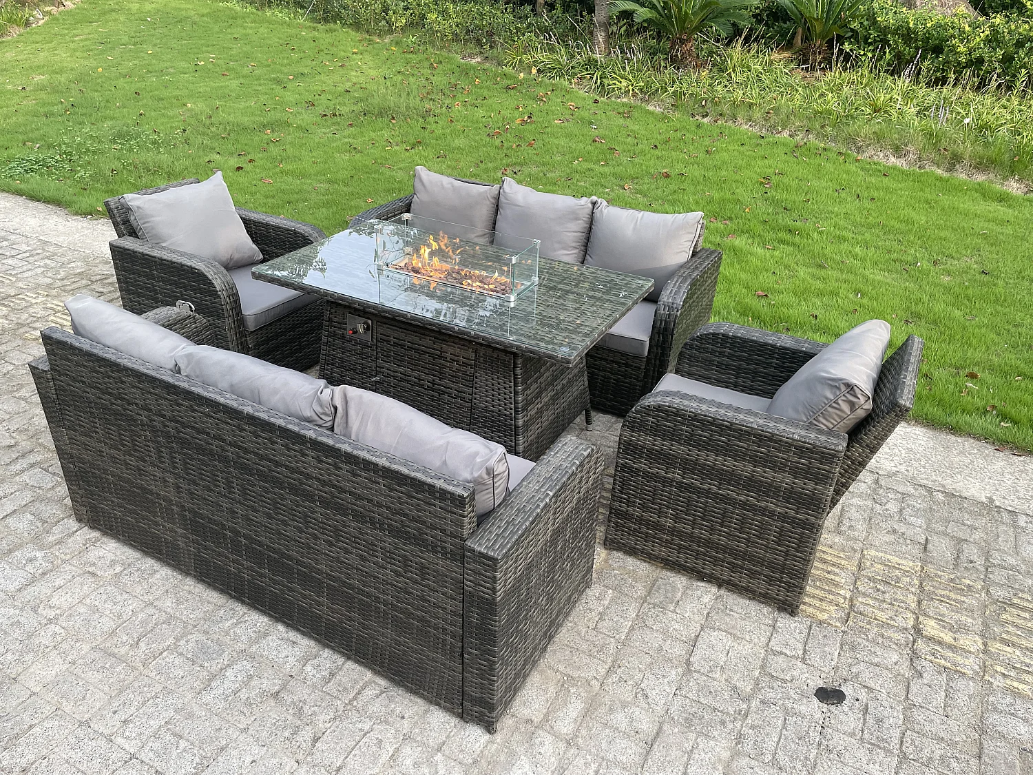 Fimous Rattan Outdoor Furniture Gas Fire Pit Rectangle Dining Table Gas Heater Adjustable Reclining Chair 3 Seater Sofa Sets 8 Seater