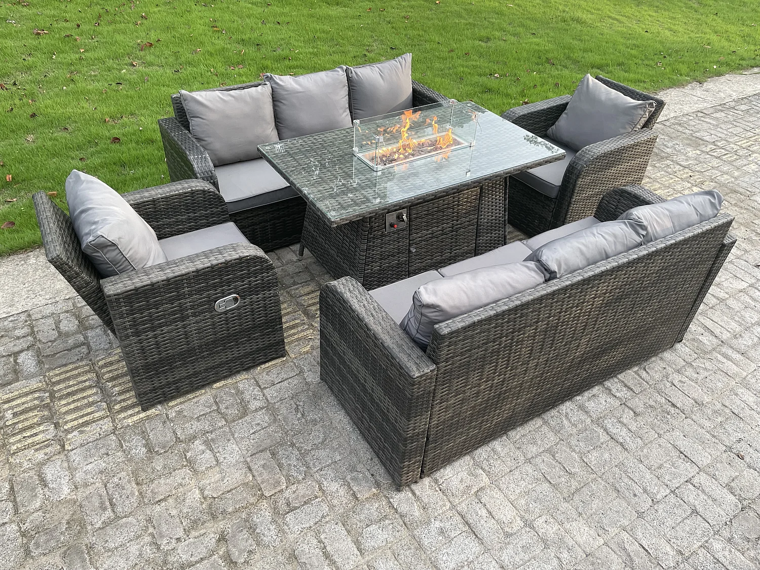 Fimous Rattan Outdoor Furniture Gas Fire Pit Rectangle Dining Table Gas Heater Adjustable Reclining Chair 3 Seater Sofa Sets 8 Seater