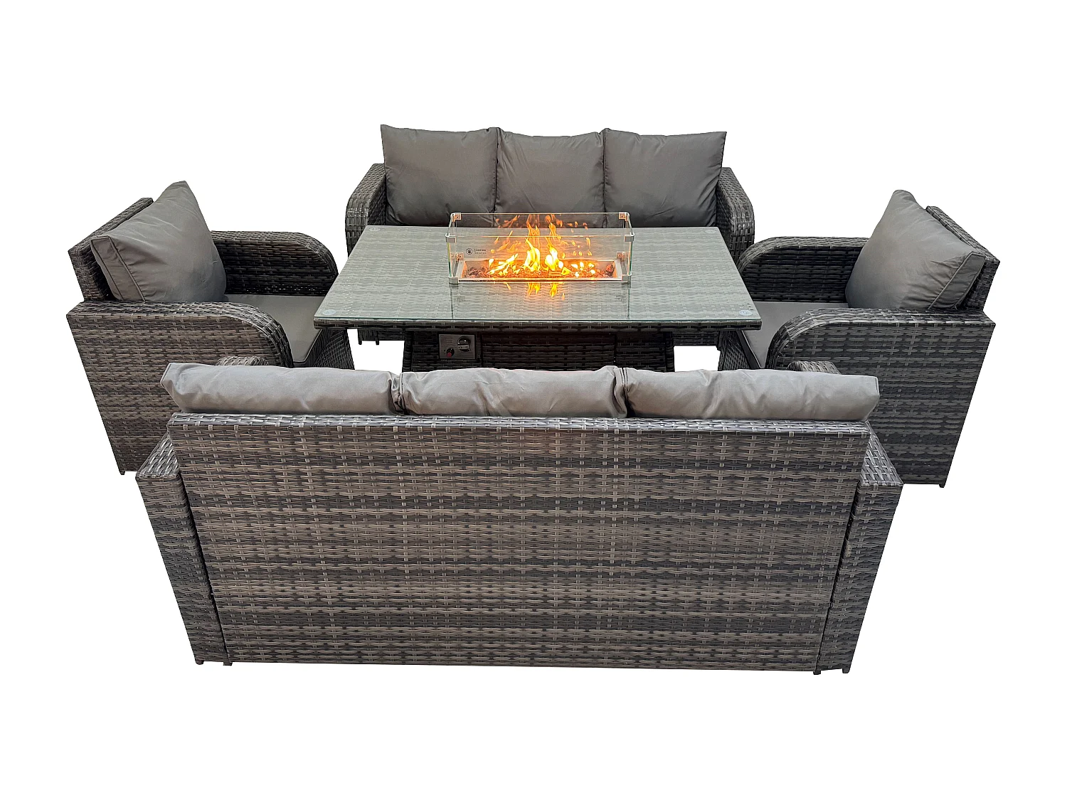 Fimous Rattan Outdoor Furniture Gas Fire Pit Rectangle Dining Table Gas Heater Adjustable Reclining Chair 3 Seater Sofa Sets 8 Seater