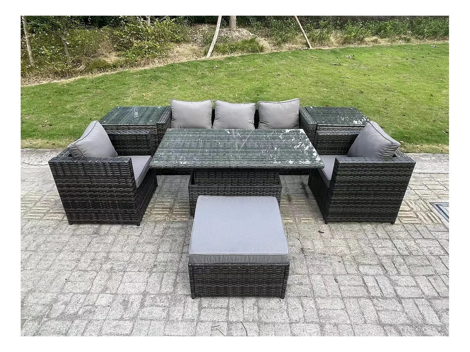 6 Places Ensemble de meubles de jardin en rotin ave Table à manger réglable en hauteur canapé 2 Table d'appoint Chaises Tabourets Mélange gris foncé