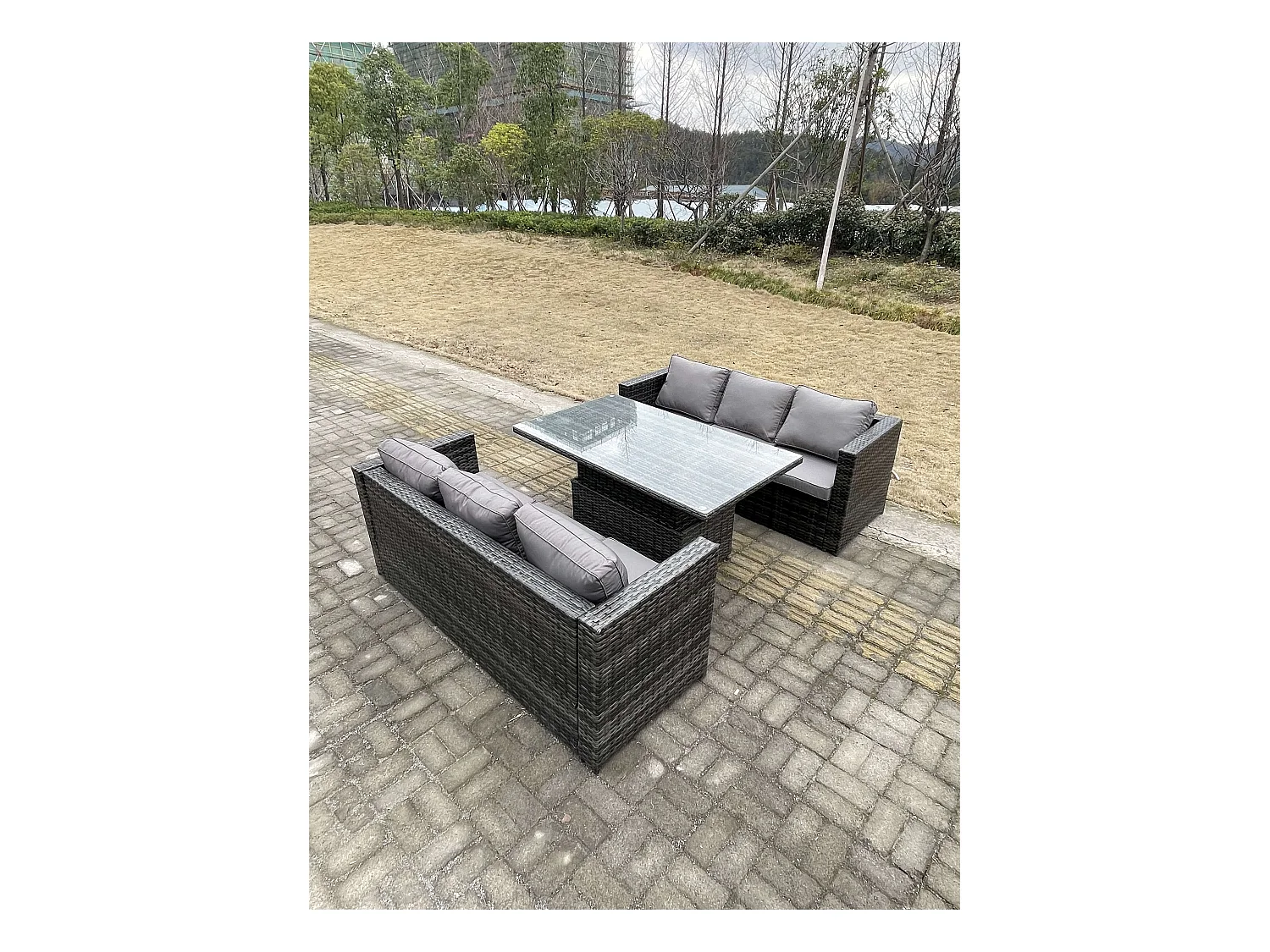 Rattan Gartenmöbel Set mit Einstellbare Höhe Esstisch 3-Sitzer Sofa