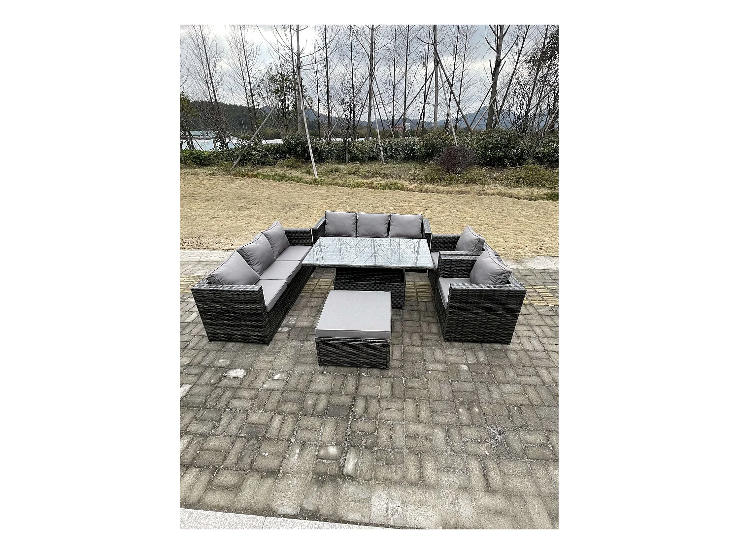 9-Sitzer Rattan Gartenmöbel Set mit Einstellbare Höhe Esstisch Sofa Dunkelgrau gemischt