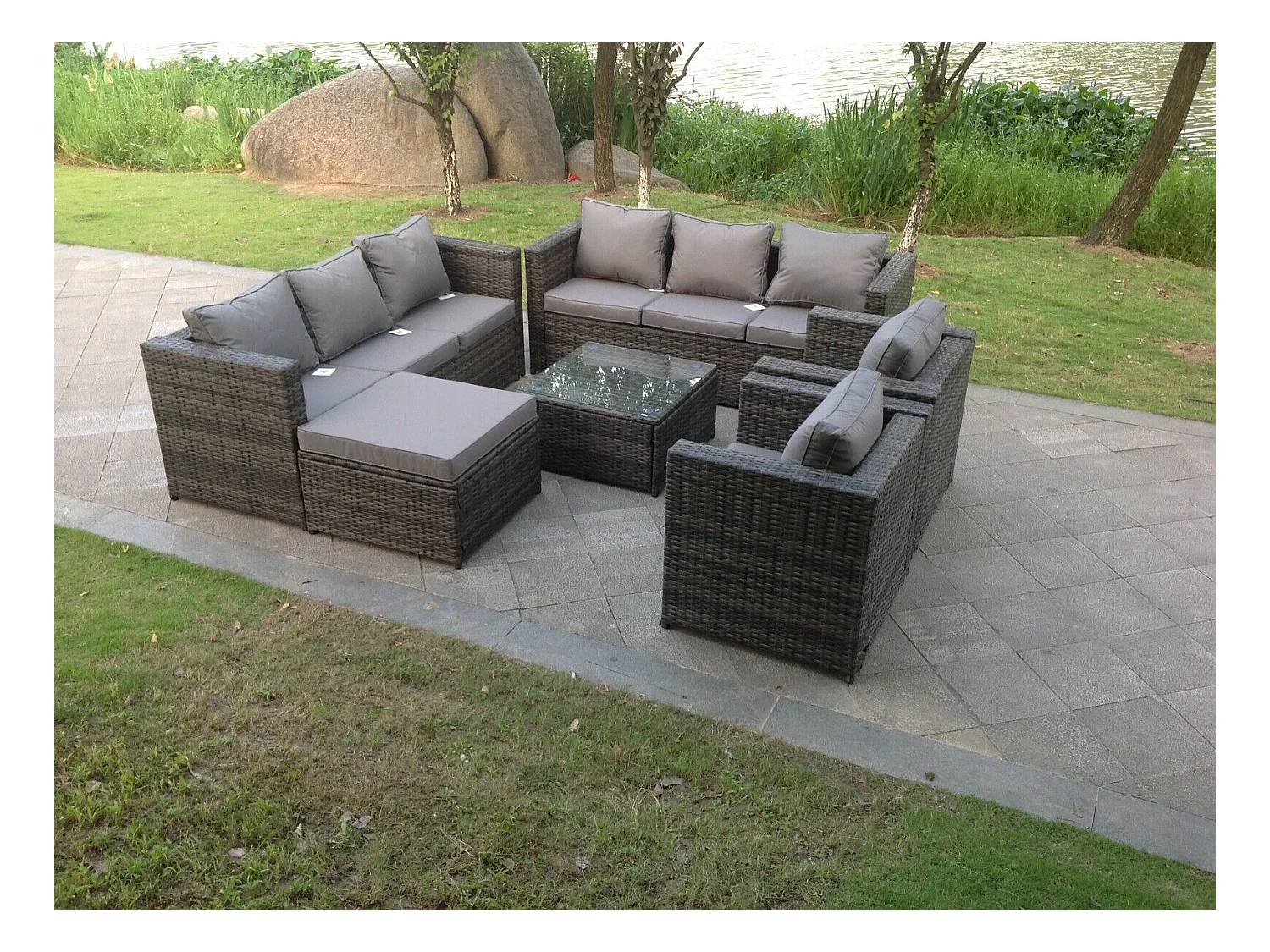 9-Sitzer Rattan Gartenmöbel Set mit Sofa Tisch Hocker Sessel Couchtisch