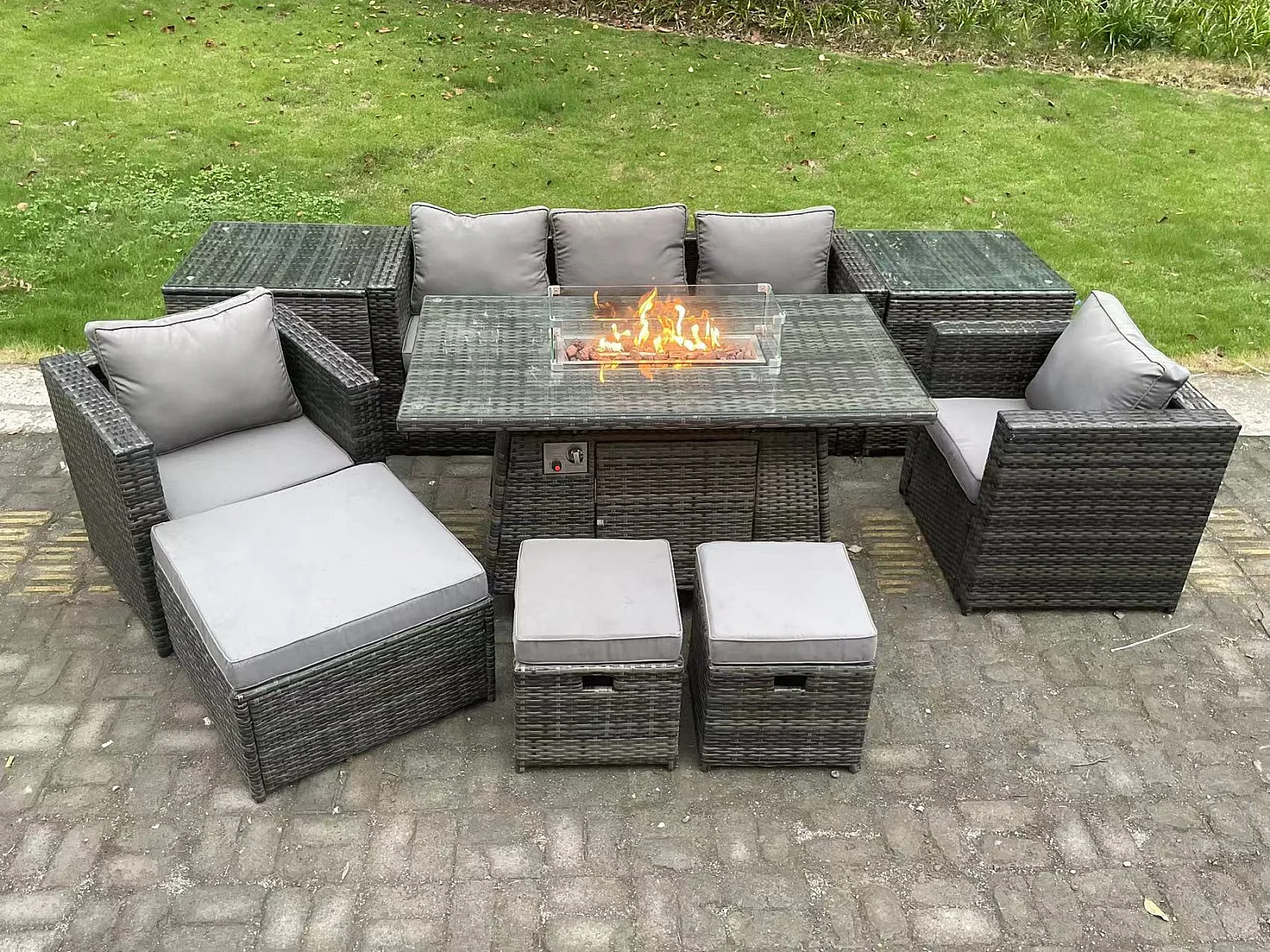 8 Places Meubles de jardin en rotin ave Table de foyer à gaz canapé 2 Chaises 3 Tabourets 2 Table d'appoint Mélange gris foncé