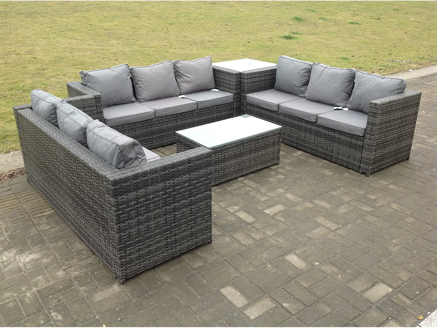 Fimous Outdoor Rattan Garden Furniture Lounge Sofa Set With Oblong Coffee Table And Side Tall High Table