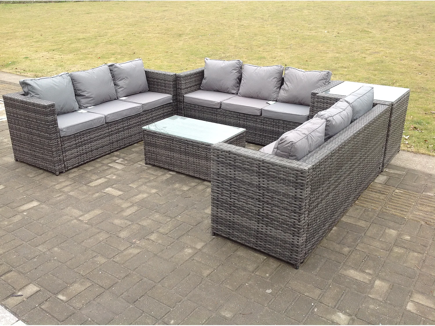 Fimous Outdoor Rattan Garden Furniture Lounge Sofa Set With Oblong Coffee Table And Side Tall High Table