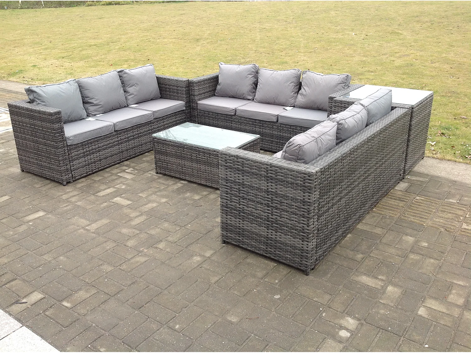 Fimous Outdoor Rattan Garden Furniture Lounge Sofa Set With Oblong Coffee Table And Side Tall High Table