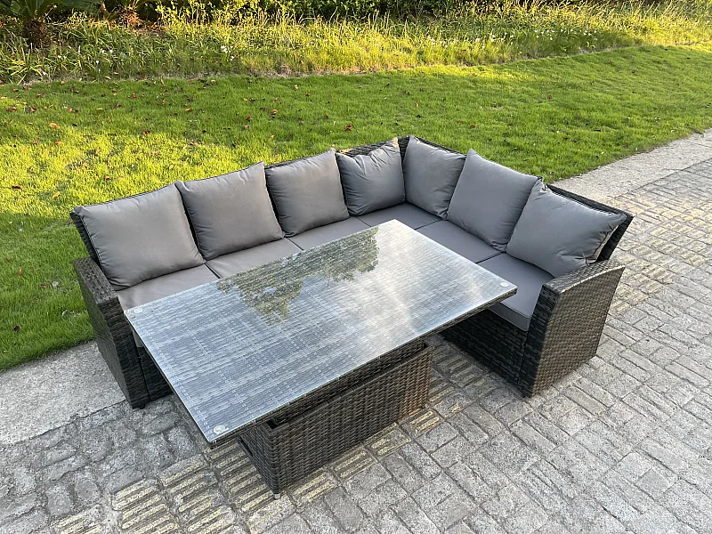 6-Sitzer Rattan Gartenmöbel Set mit Einstellbare Höhe Esstisch Sofa d'angle Beistelltisch