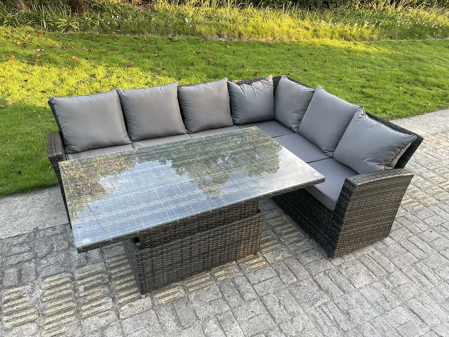 Fimous PE Rattan Corner Garden Furniture High Back Sofa Set Adjustable Rising Lifting Table Set 6 Seater