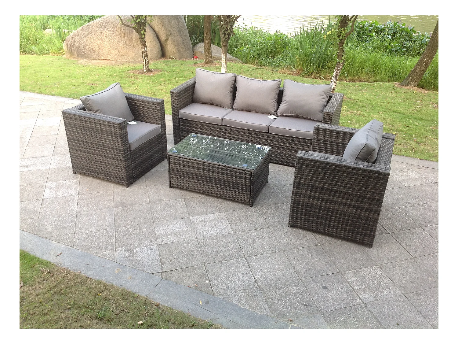 Meubles de jardin en rotin ave 3 Places canapé 2 Chaises Table basse Mélange gris foncé