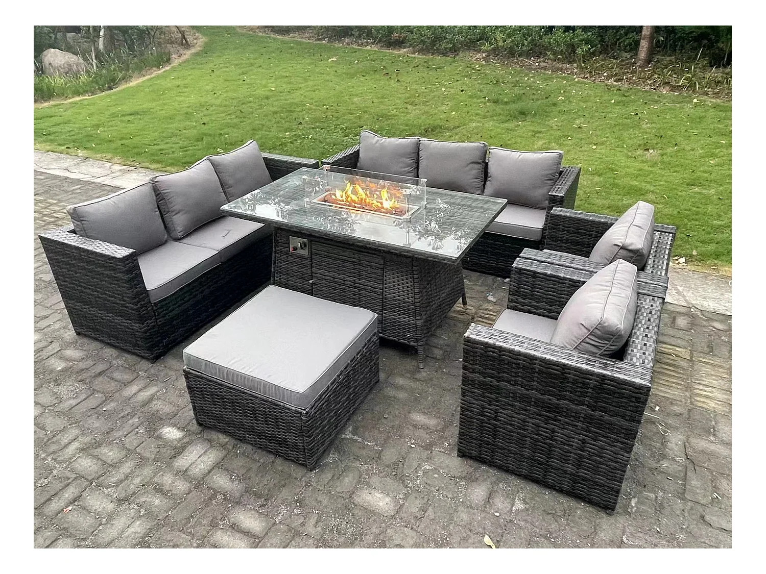 9 Places Meubles de jardin en rotin ave Table de foyer à gaz canapé 2 Chaises Tabourets Mélange gris foncé