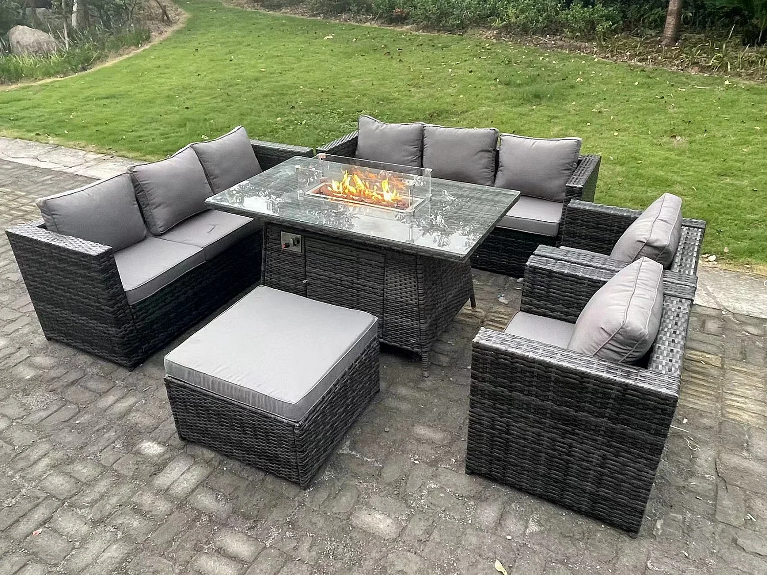 Fimous 9 Seater Outdoor PE Rattan Garden Furniture Set Gas Fire Pit Dining Table Gas Heater Burner With Sofa Armchairs Big Footstool Dark Grey Mixed