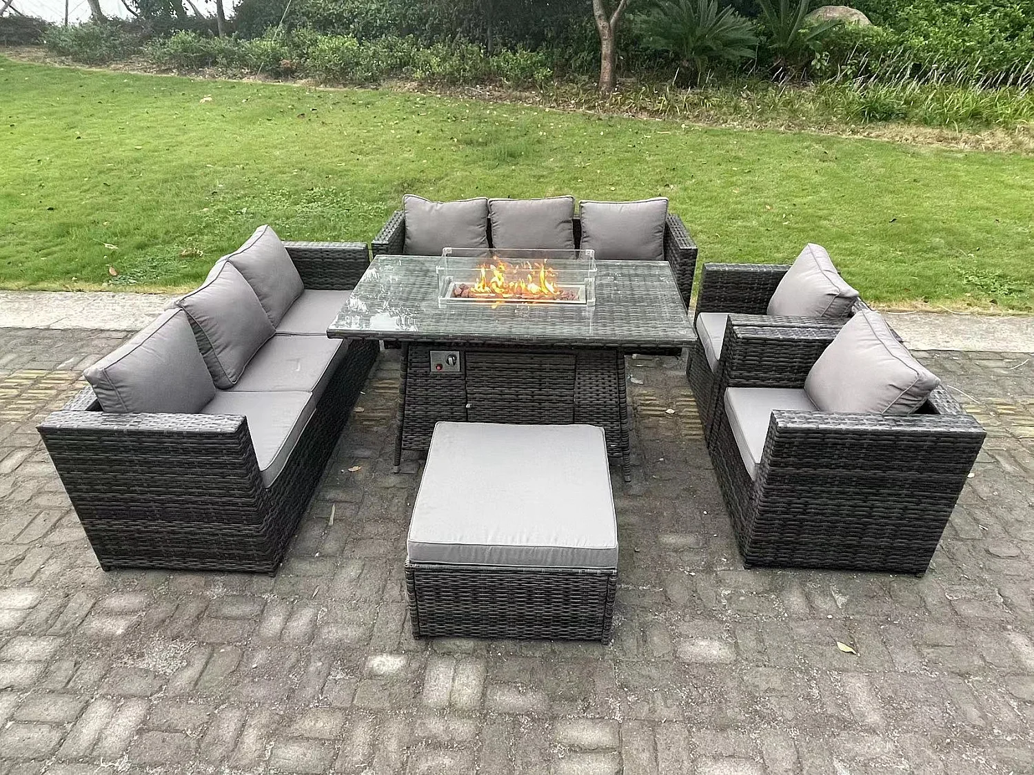 Fimous 9 Seater Outdoor PE Rattan Garden Furniture Set Gas Fire Pit Dining Table Gas Heater Burner With Sofa Armchairs Big Footstool Dark Grey Mixed
