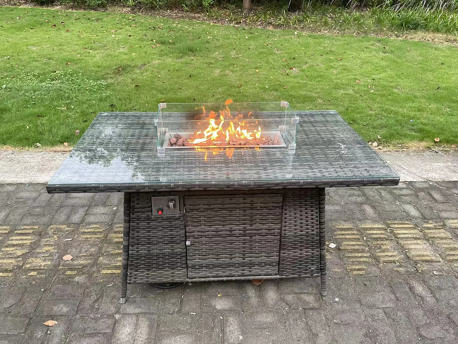 Fimous 9 Seater Outdoor PE Rattan Garden Furniture Set Gas Fire Pit Dining Table Gas Heater Burner With Sofa Armchairs Big Footstool Dark Grey Mixed