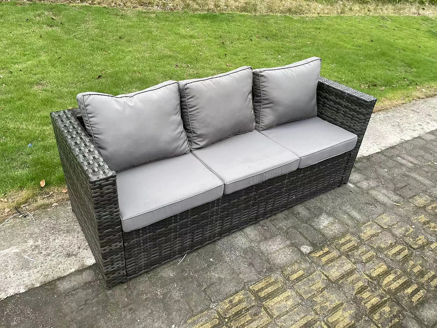 Fimous 9 Seater Outdoor PE Rattan Garden Furniture Set Gas Fire Pit Dining Table Gas Heater Burner With Sofa Armchairs Big Footstool Dark Grey Mixed