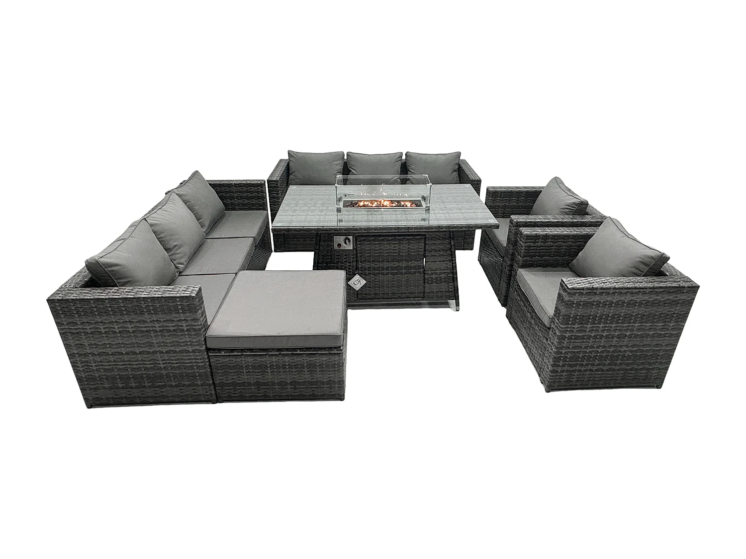 Fimous 9 Seater Outdoor PE Rattan Garden Furniture Set Gas Fire Pit Dining Table Gas Heater Burner With Sofa Armchairs Big Footstool Dark Grey Mixed