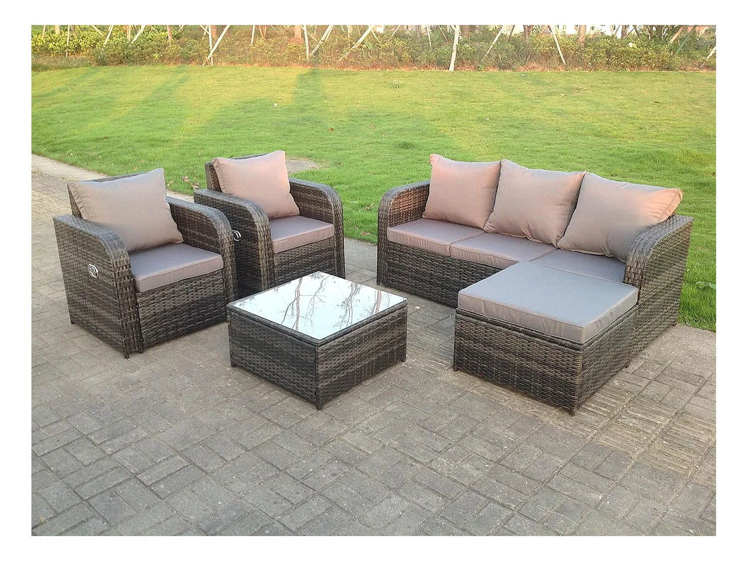 6 places Meubles de Jardin en rotin ave Canapé Tabourets Table basse Chaise Mélange gris foncé