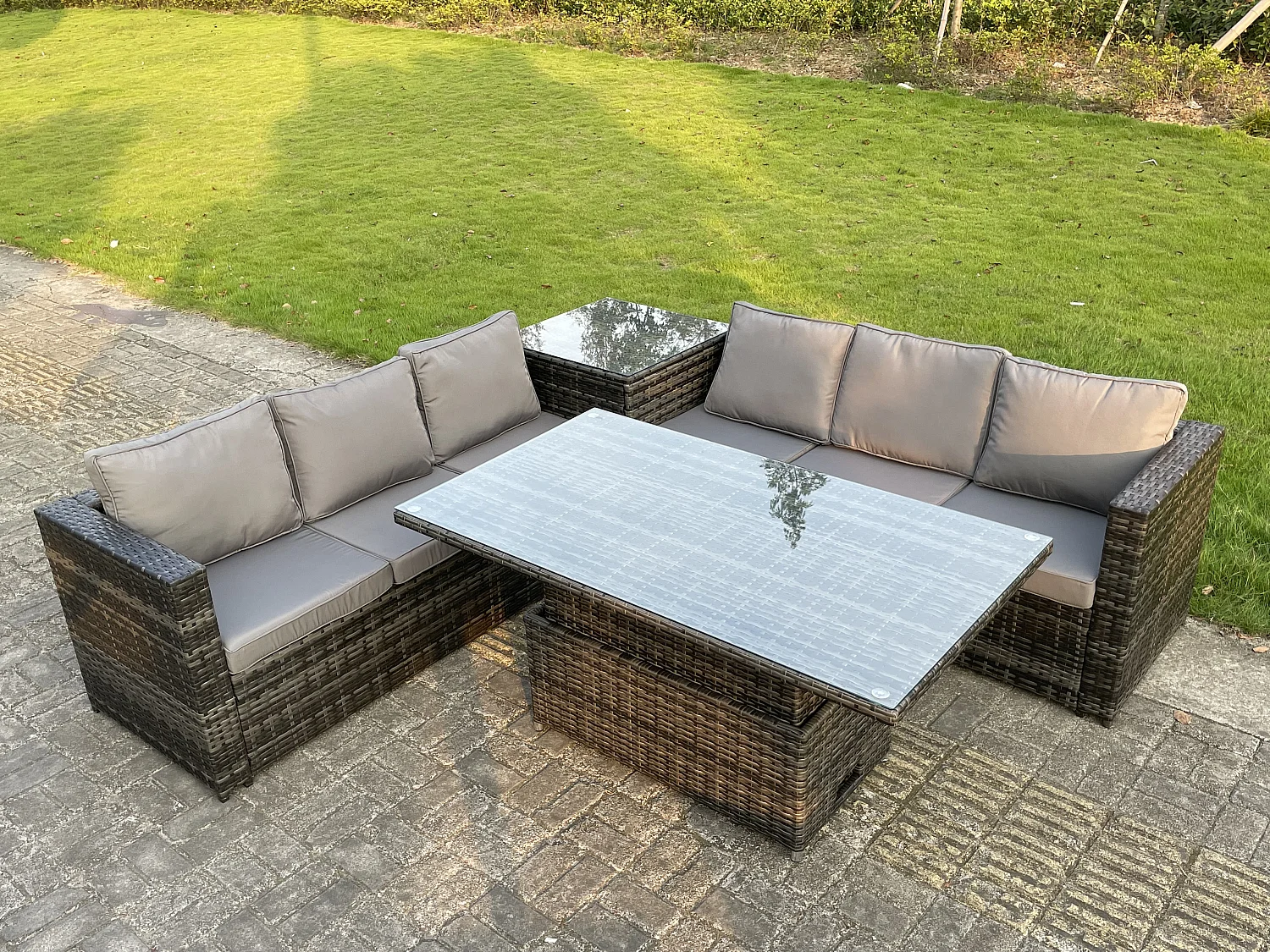 6 places Salon de Jardin Extérieur en Résine avec Table à manger réglable en hauteur avec Table d'appoint