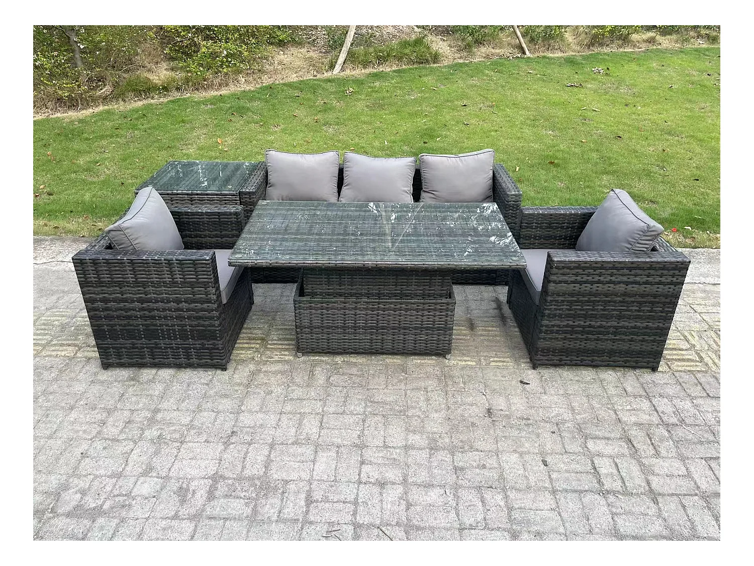 5 Places Ensemble de meubles de jardin en rotin ave Table à manger réglable en hauteur canapé Table d'appoint Chaises Mélange gris foncé