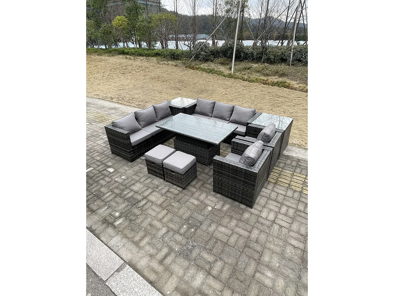 Fimous 9 Seater Outdoor Rattan Garden Furniture Set Adjustable Rising Lifting Dining Table With Side Table Chairs Stools Dark Grey Mixed