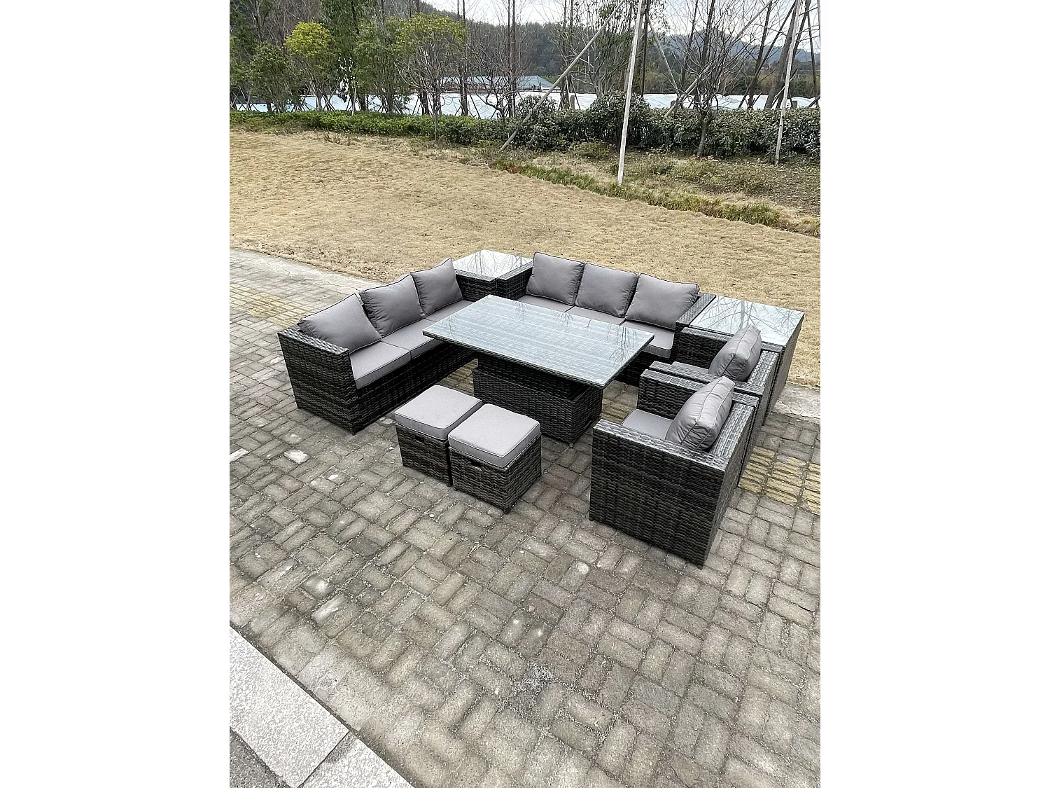 Fimous 9 Seater Outdoor Rattan Garden Furniture Set Adjustable Rising Lifting Dining Table With Side Table Chairs Stools Dark Grey Mixed