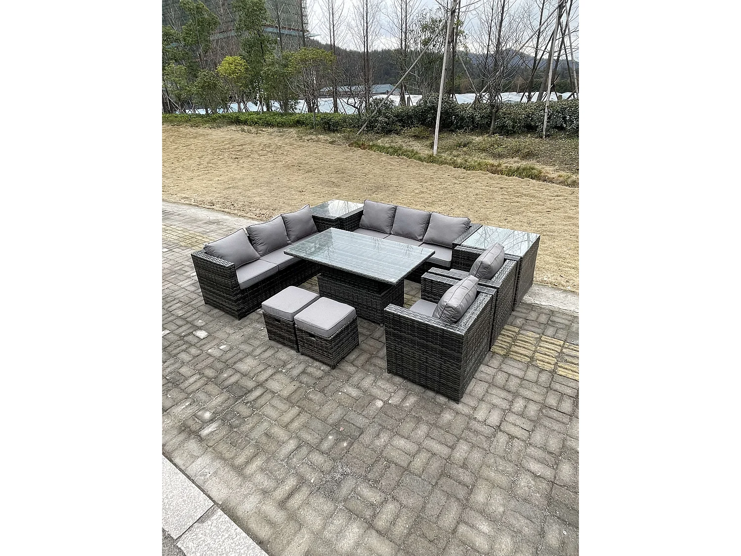 Fimous 9 Seater Outdoor Rattan Garden Furniture Set Adjustable Rising Lifting Dining Table With Side Table Chairs Stools Dark Grey Mixed