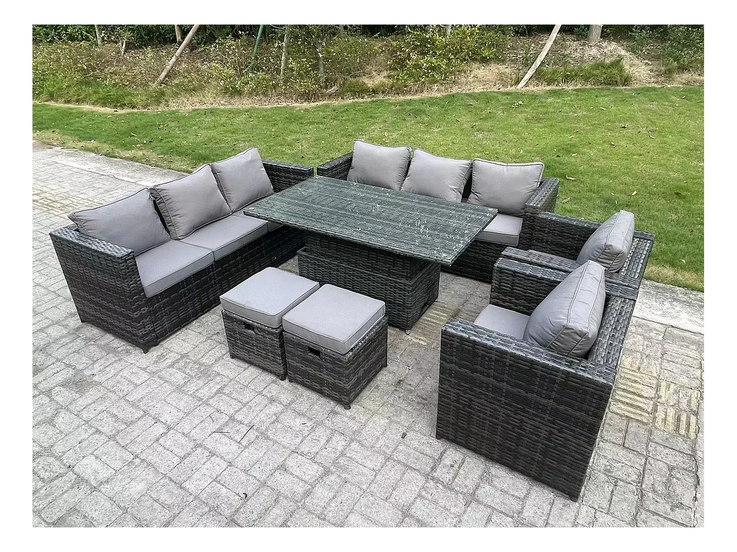 10-Sitzer Rattan Gartenmöbel Set mit Einstellbare Höhe Esstisch Sofa