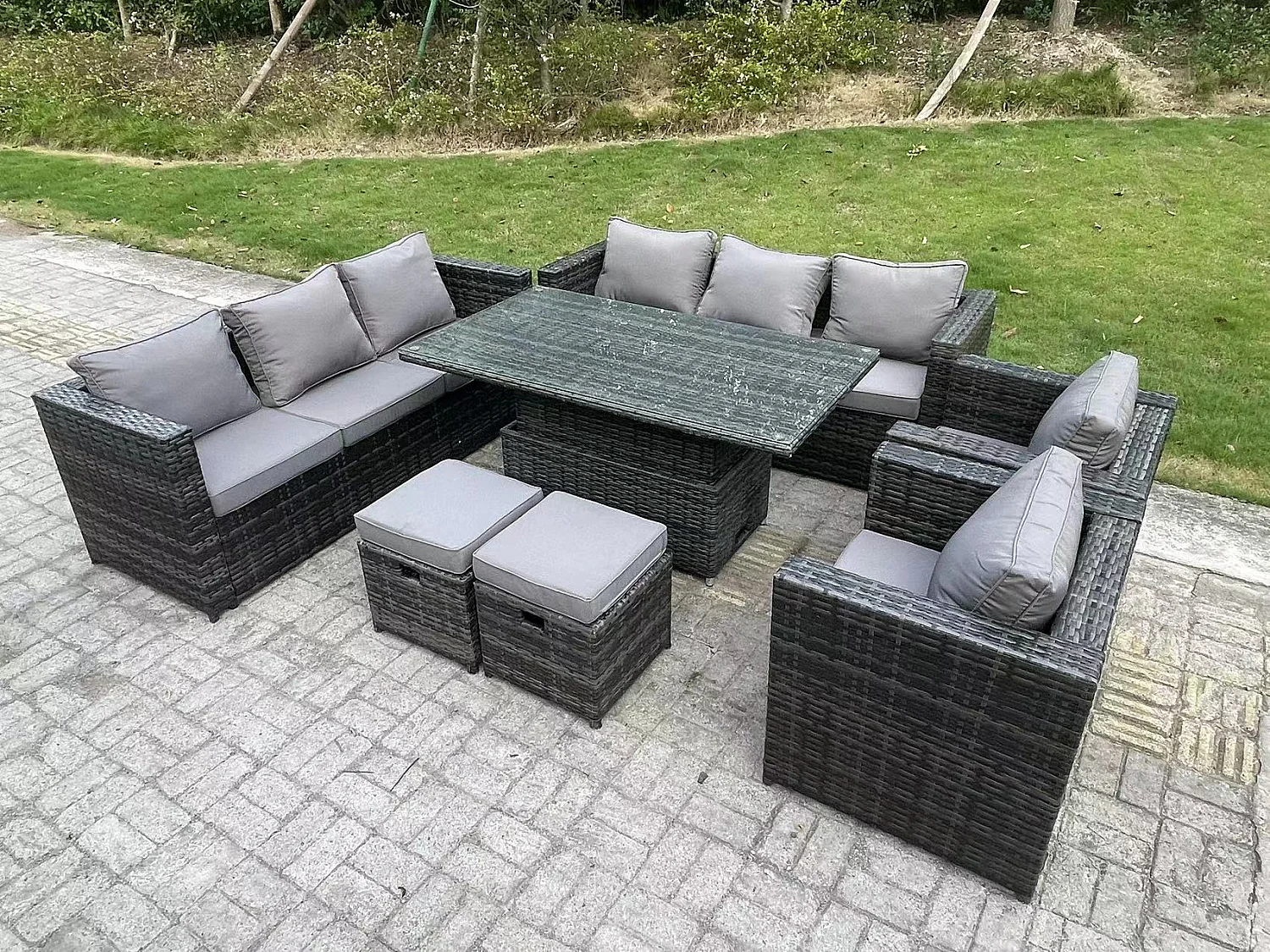 Fimous 10 Seater Wicker PE Garden Furniture Rattan Sofa Set Outdoor Adjustable Rising Lifting Dining Table Set with 2 Armchairs 2 Stools Dark Grey Mixed
