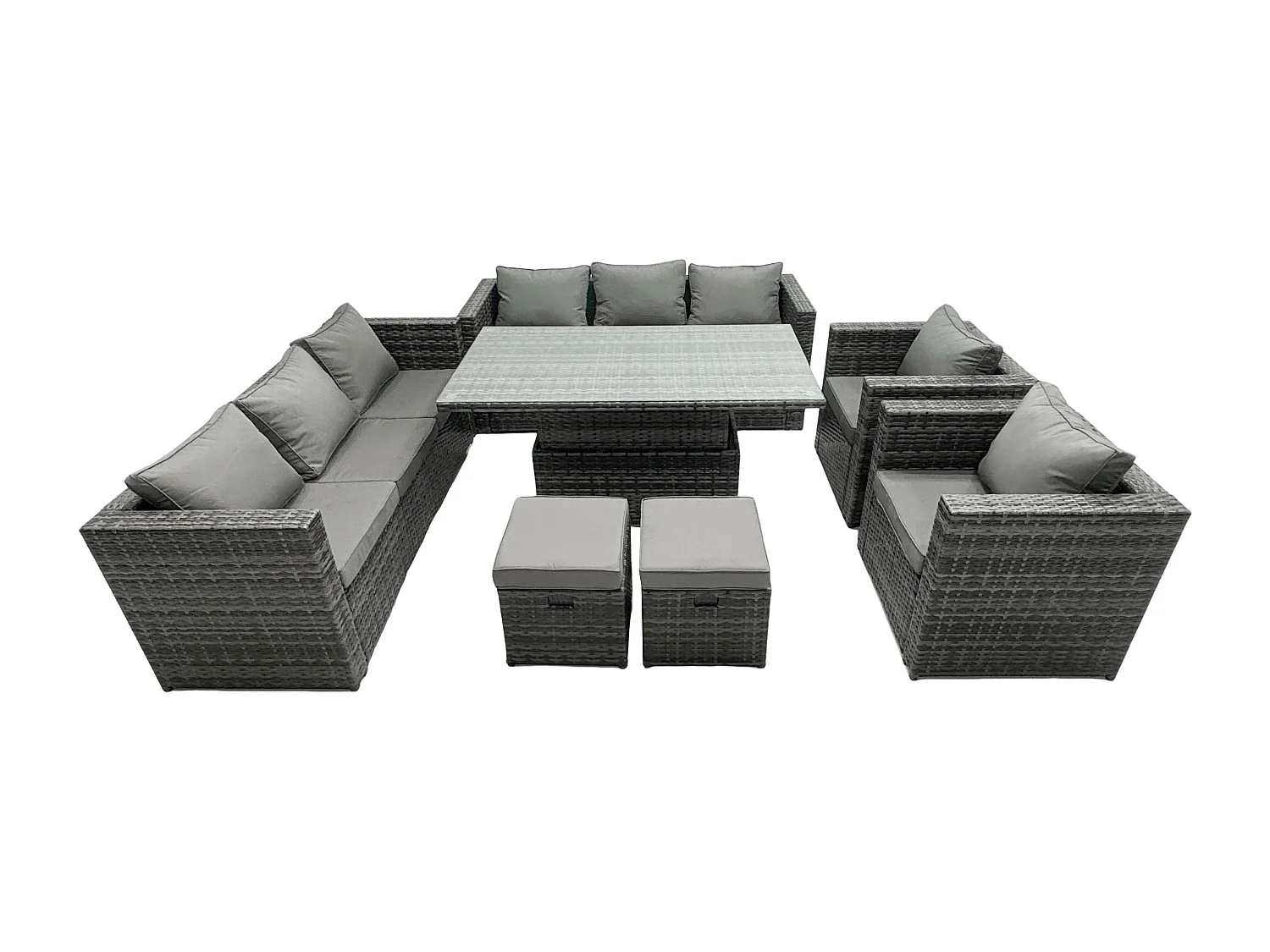 Fimous 10 Seater Wicker PE Garden Furniture Rattan Sofa Set Outdoor Adjustable Rising Lifting Dining Table Set with 2 Armchairs 2 Stools Dark Grey Mixed