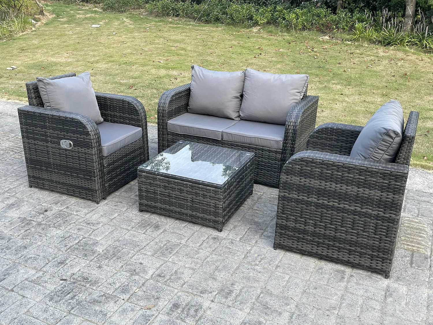 Meubles de jardin en rotin ave carrée Table basse Canapé d'amour 2 Chaises inclinable Mélange gris foncé
