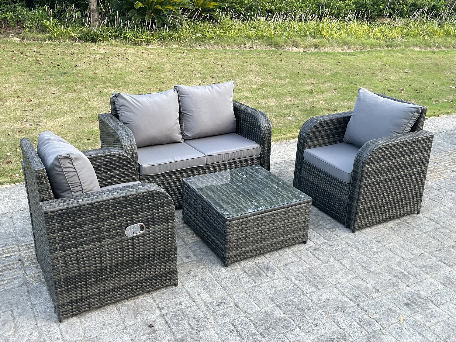 Meubles de jardin en rotin ave carrée Table basse Canapé d'amour 2 Chaises inclinable Mélange gris foncé