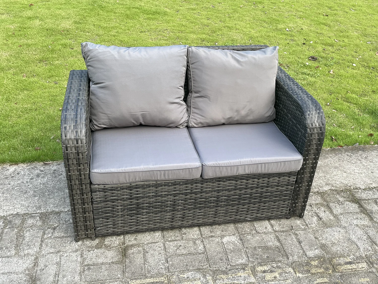 Meubles de jardin en rotin ave carrée Table basse Canapé d'amour 2 Chaises inclinable Mélange gris foncé