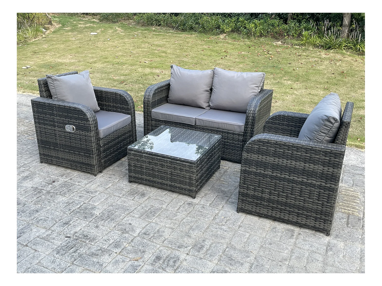 Meubles de jardin en rotin ave carrée Table basse Canapé d'amour 2 Chaises inclinable Mélange gris foncé