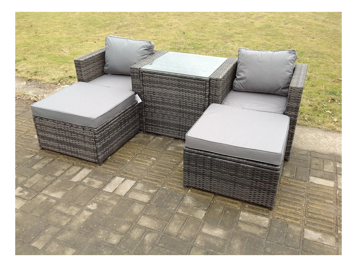 Rattan Gartenmöbel Set mit 2 Sessel Beistelltisch 2 Hocker Dunkelgrau gemischt