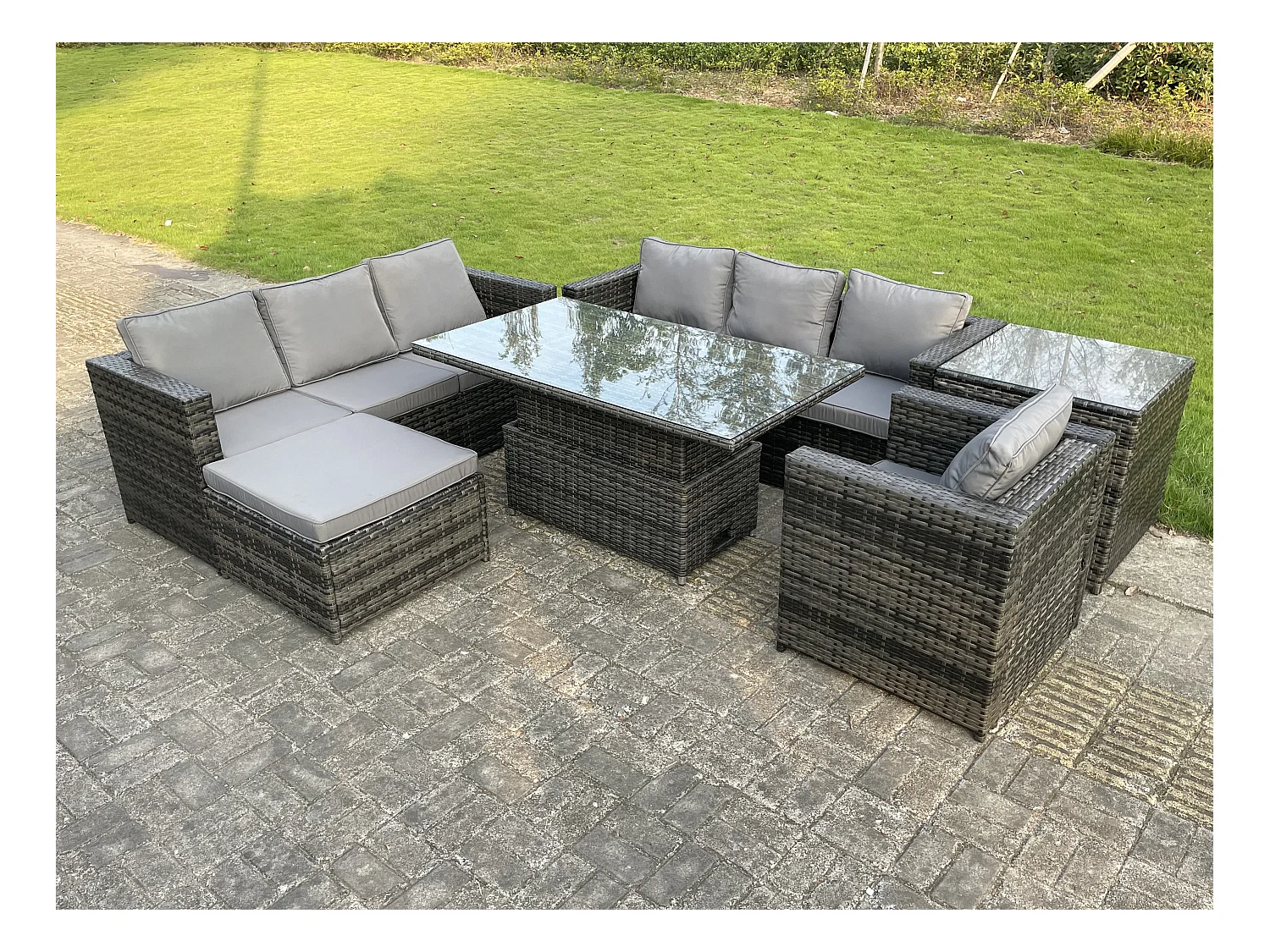 Meubles de Jardin en rotin ave Table élévatrice 2 Canapé Fauteuil Table d'appoint Tabourets Mélange gris foncé
