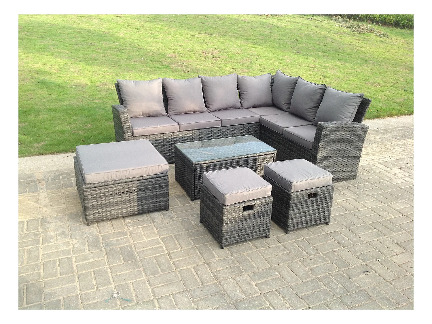 9-Sitzer Rattan Gartenmöbel Set mit Sofa 3 Hocker Rechteckig Couchtisch