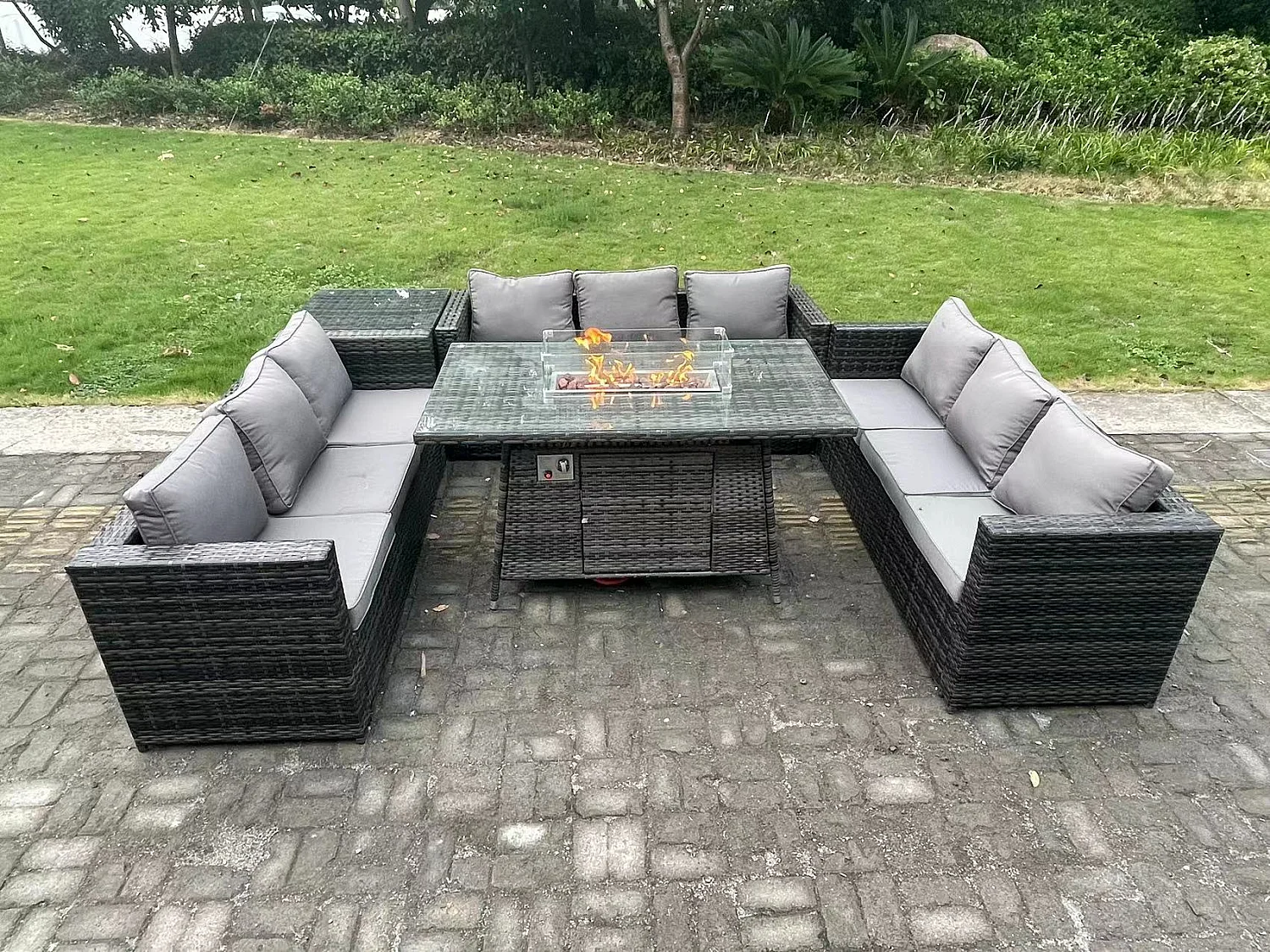 9 Places Meubles de jardin en rotin ave Table de foyer à gaz canapé Table d'appoint Mélange gris foncé