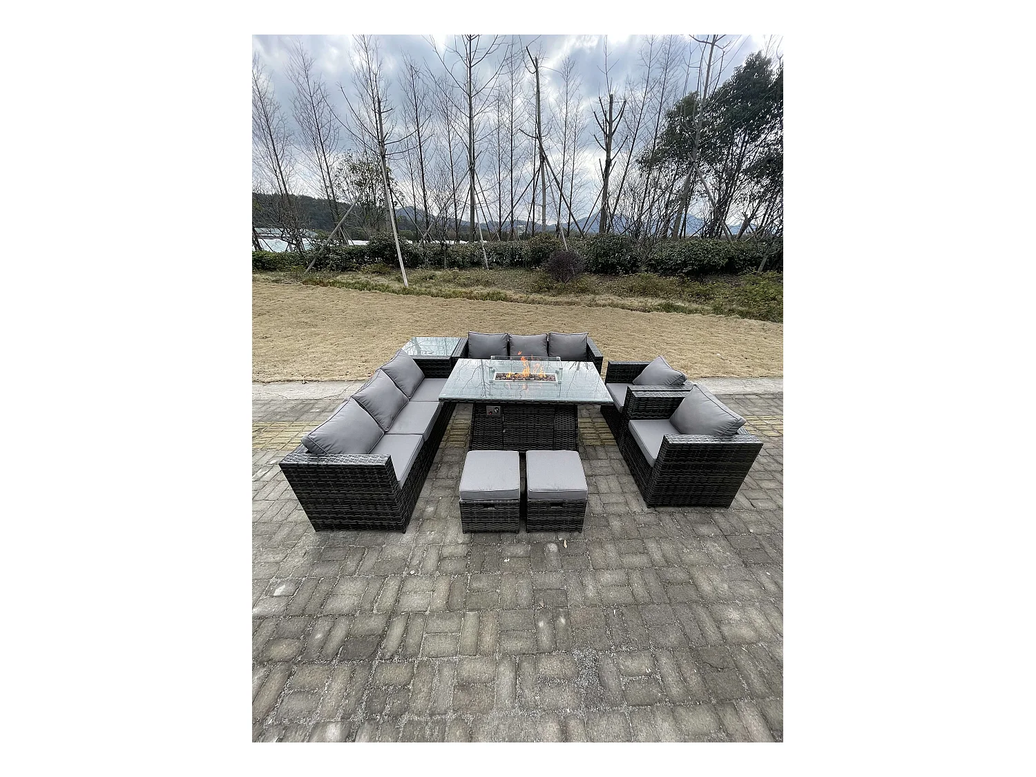 10-Sitzer Rattan Gartenmöbel Set mit Gas Feuertisch Sofa Beistelltisch