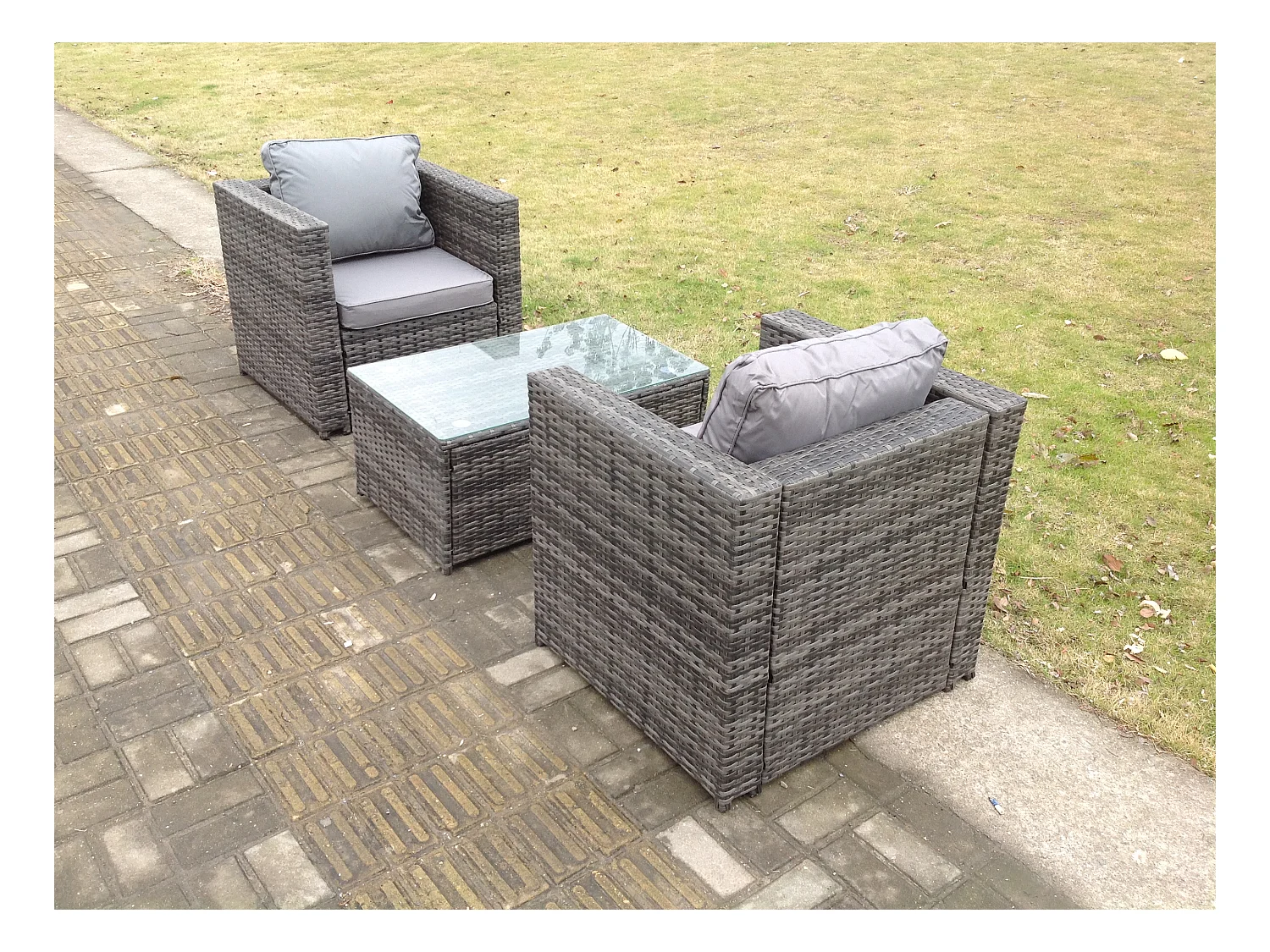 Meubles de jardin en rotin ave 2 Chaises Table basse Tabourets Mélange gris foncé
