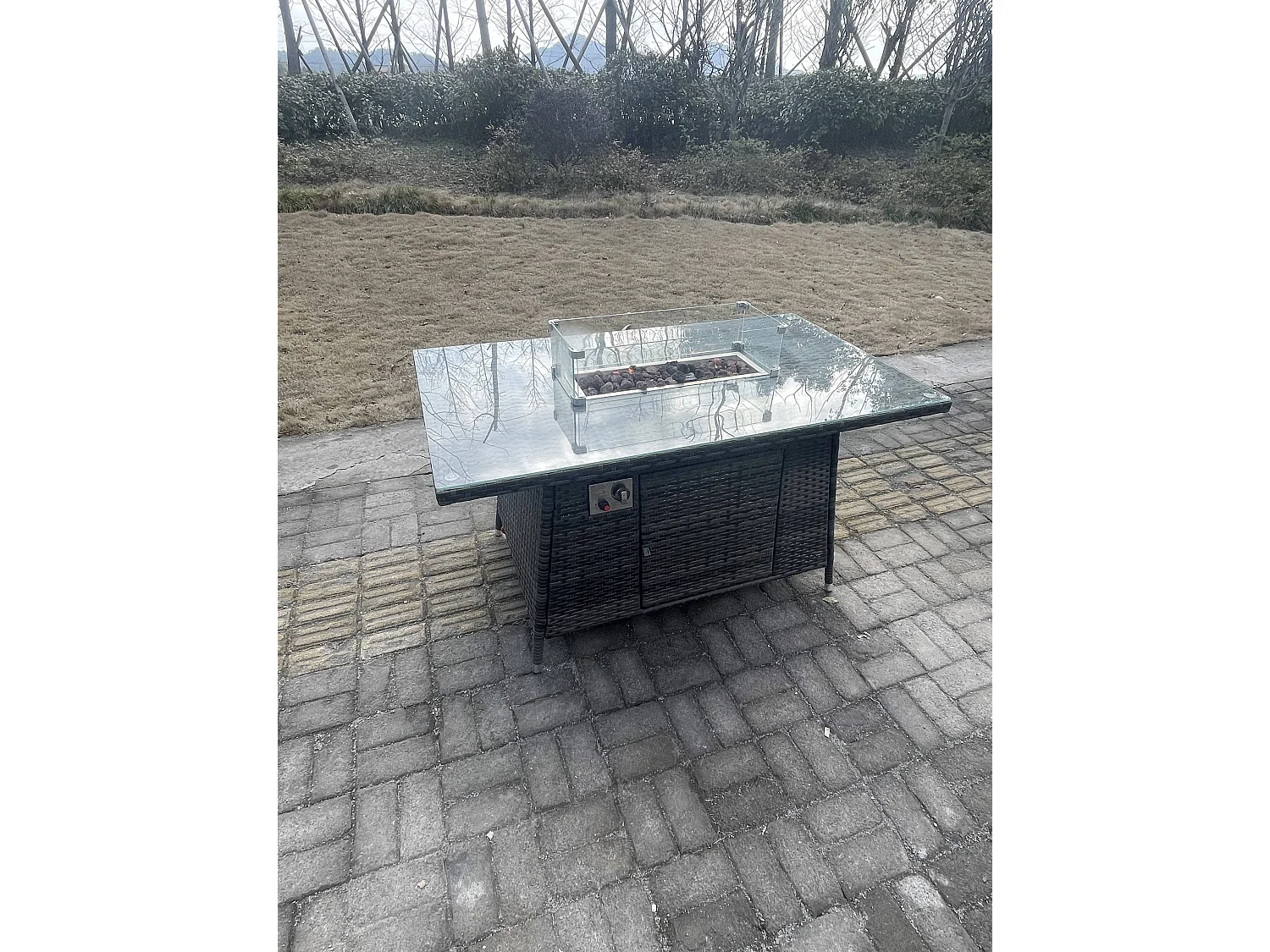 8-Sitzer Rattan Gartenmöbel Set mit Gas Feuertisch Sofa 2 petit Hocker