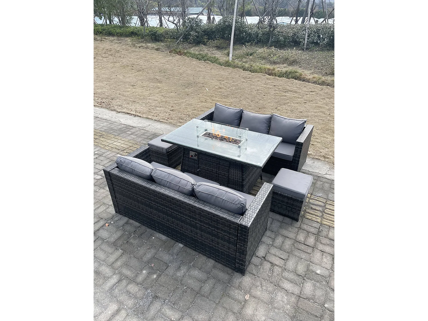 Fimous 8 Seater Outdoor Rattan Sofa Set Garden Furniture Gas Firepit Set Heater Dining Table Footstools Dark Grey Mixed