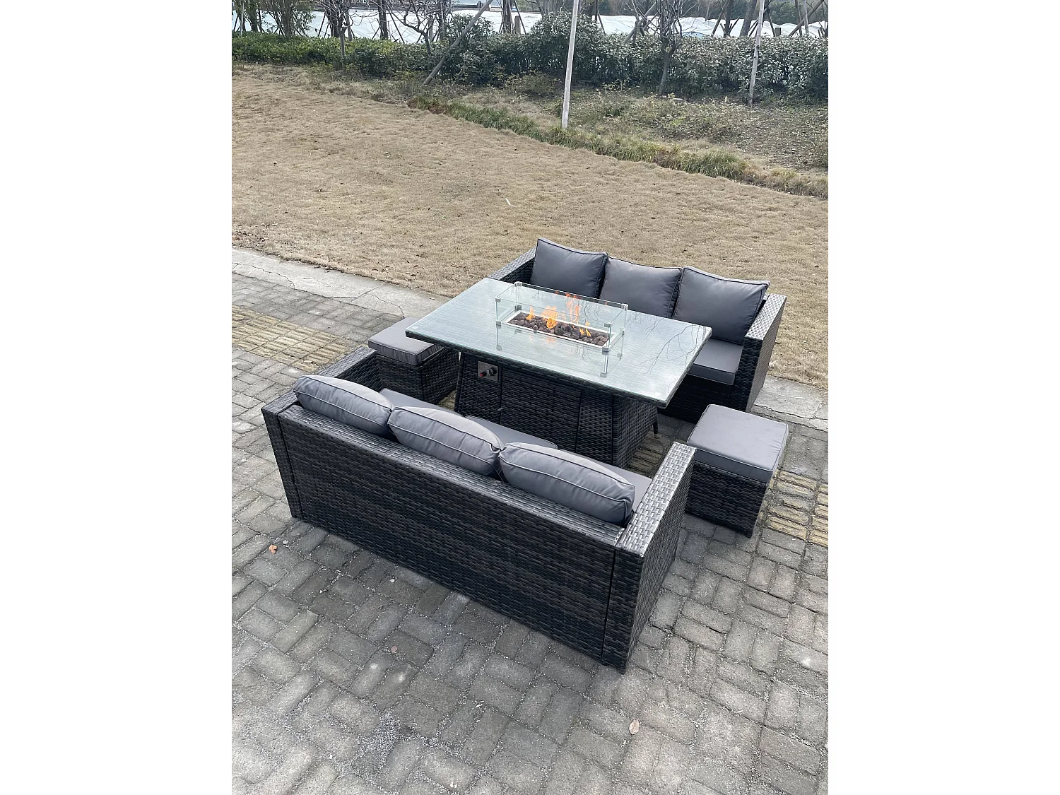 Fimous 8 Seater Outdoor Rattan Sofa Set Garden Furniture Gas Firepit Set Heater Dining Table Footstools Dark Grey Mixed